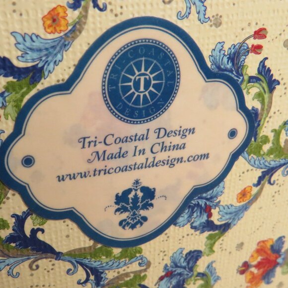 Floral Hexagon Hat Box Yellow & Blue 11 1/2" wide Storage Box with rope closure - Picture 5 of 11